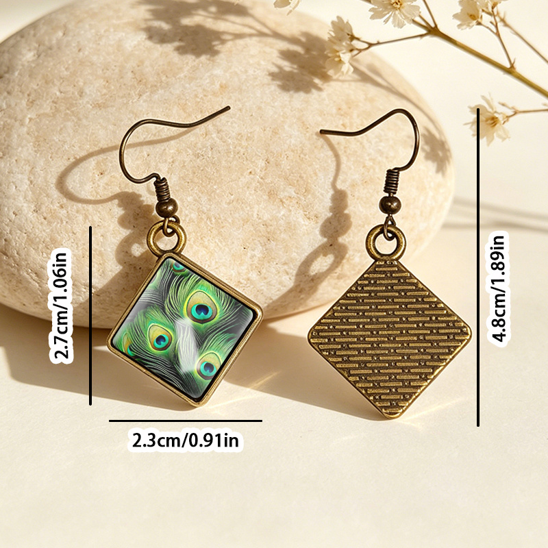 Women's Green Peacock Feather Rhombus Dangle Earrings